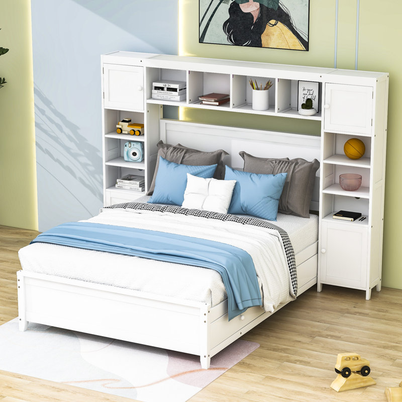 Full Size Wood Platform Bed With 4 Drawers, Headboard and Shelves, White