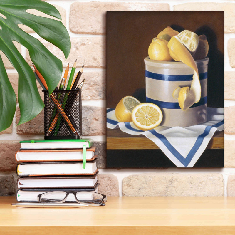 «Blue Stripes Lemons On Canvas» par Cecile Baird, reproduction, H 16 po x l 12 po x P 0,75 po