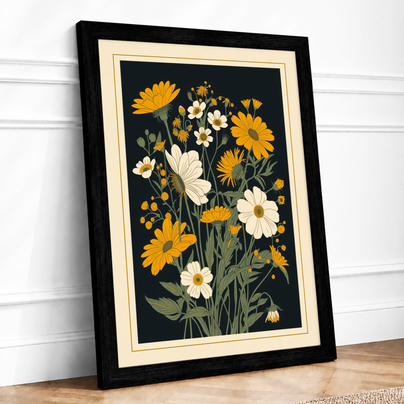 Yellow Blooms Study Botanical - Framed Print, A4 - 29.7 x 21.0 cm, Black