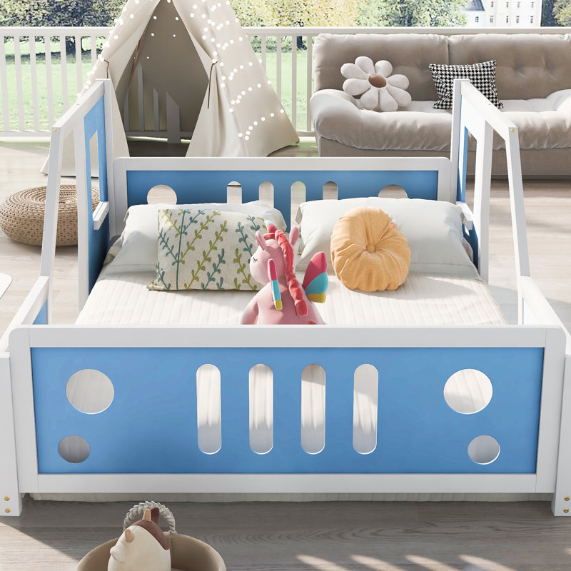 Lit plateforme simple avec roulettes Classic Car Style, blanc et bois de pin, Lit simple, Blanc