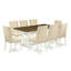 Ensemble de table de salle à manger 9 pièces comprenant une table rectangulaire Jacobean patinée et 8 chaises rembourrées en lin crème avec dossier haut - Lin brossé blanc-1129966653-1102141823-1102141760