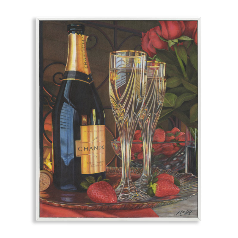Paire de champagne romantique par Mardell Schuster, Giclée encadrée blanc bord de mer, H 14 po x l 11 po