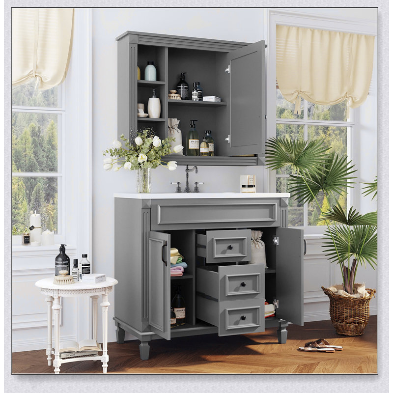Meuble-lavabo moderne de 36 po avec lavabo supérieur, armoire à miroir et rangement spacieux, avec portes et tiroirs à fermeture en douceur pour une fonctionnalité accrue