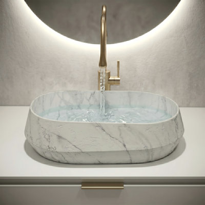22 in. Oval Resin Vessel Sink with Faux Carrara Marble Pattern and Faceted Exterior