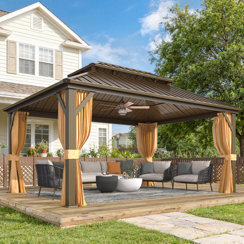 16x12 Ft Hardtop Gazebo – Aluminum Frame, Double Steel Roof, All-Weather Permanent Pavilion with Curtains & Netting