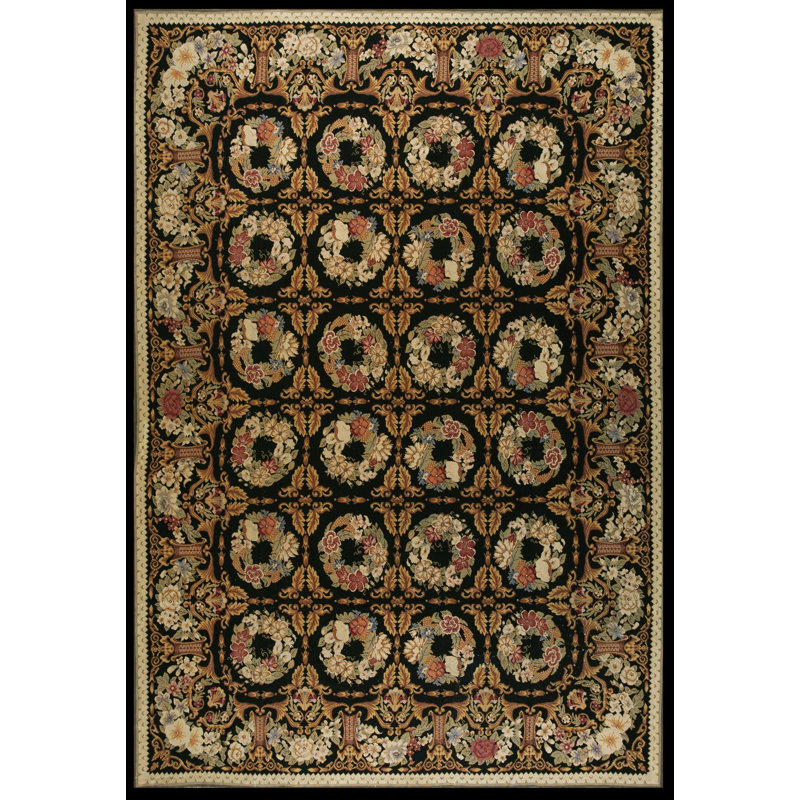 Vintage Needlepoint Chinese Floral, Geometric Rug