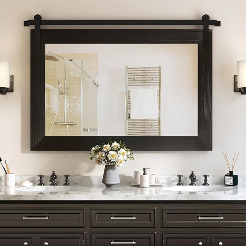 Rural Farmhouse Barn Bathroom Mirror - Wooden Frame Wall Mirror, Rectangular Wall Decorative Mirror, Metal Bracket Decorative Barn Door Style Mirror For Bathroom Entrance, Living Room And Bedroom