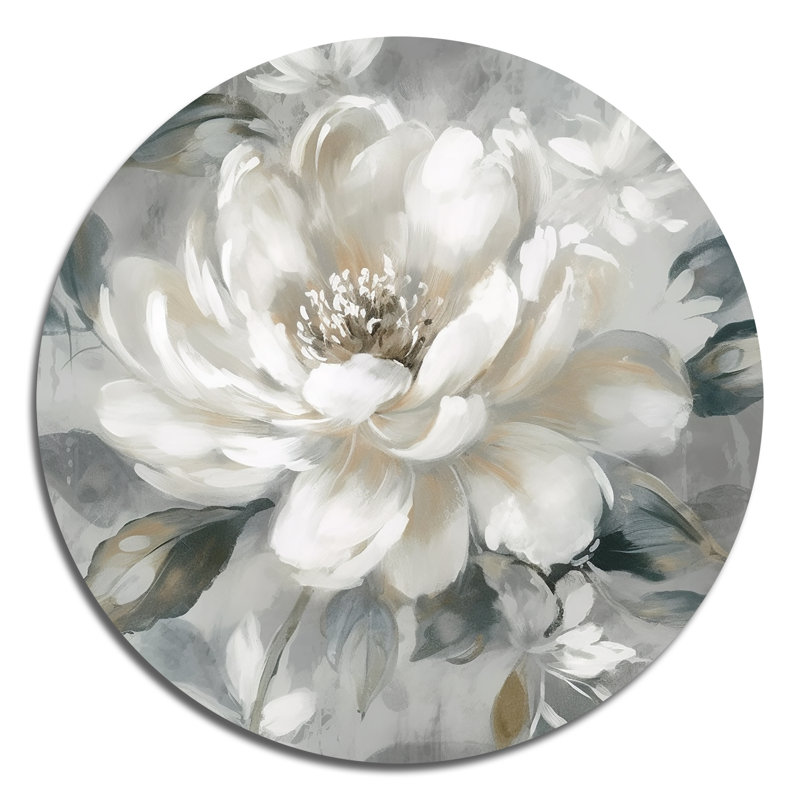 Art mural rond blanc pivoines blanches en mouvement I - pivoines, H 23 po x l 23 po x P 1 po