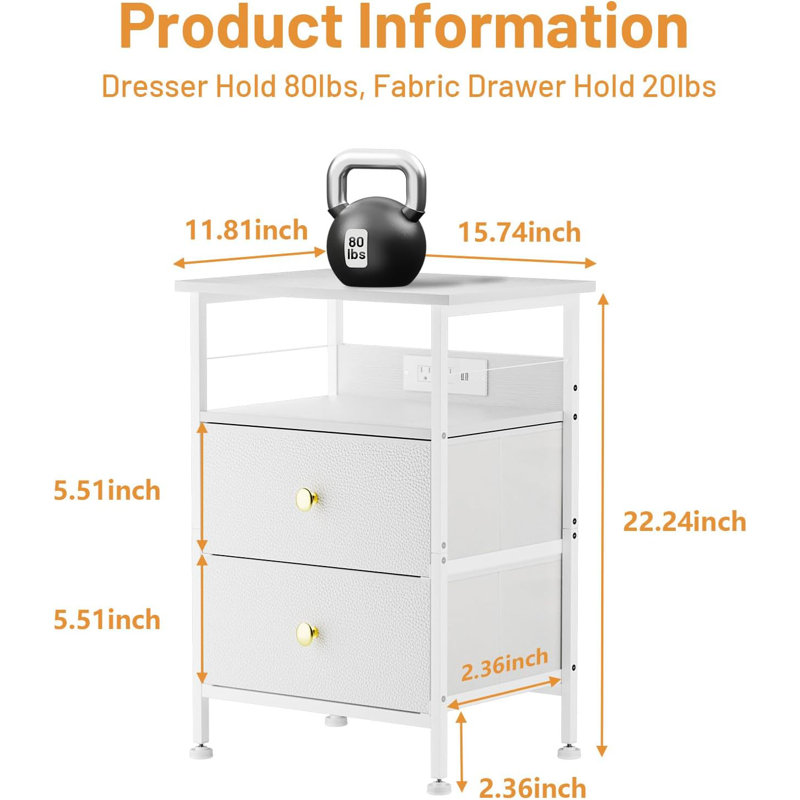 LED Nightstand With Charging Station, 2 Drawers And Open Shelves, Metal Frame And Wood Shelf, Multi-Functional Bedside Table For Bedroom, Living Room, Dorm