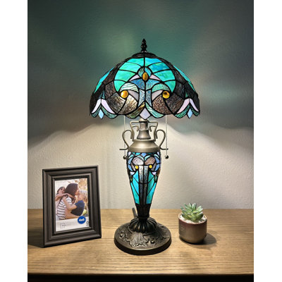 Lampe de table Simonson Tiffany en verre teinté vert avec ampoules DEL Vase mère-fille H22 "