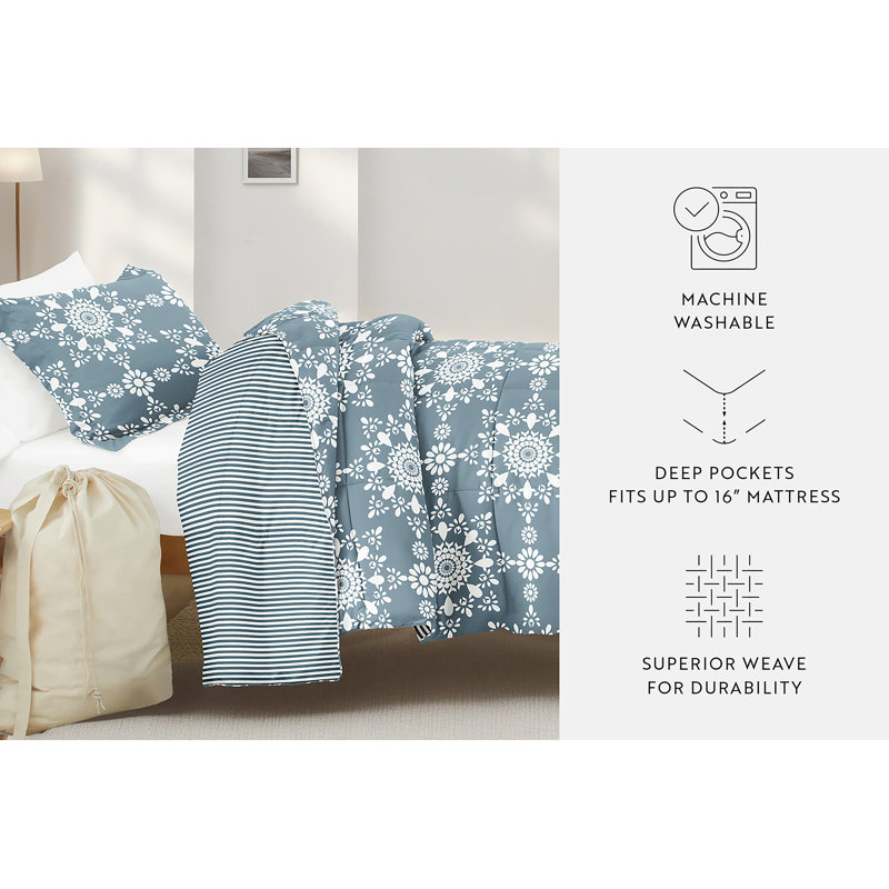8-PC College Dorm Twin XL Bedding Bundle - Comforter Set, Sheet Set, Pillows and Laundry Bag, Daisy Medallion Light Blue