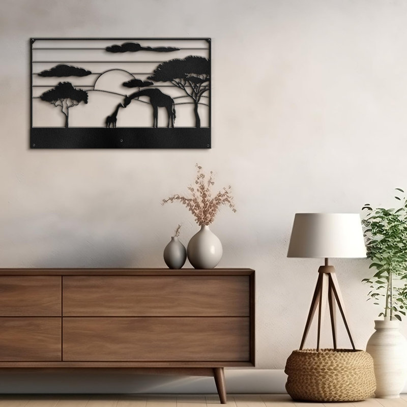Girafes au coucher du soleil, H 10,98 po x l 18 po x P 0,05 po, Noir