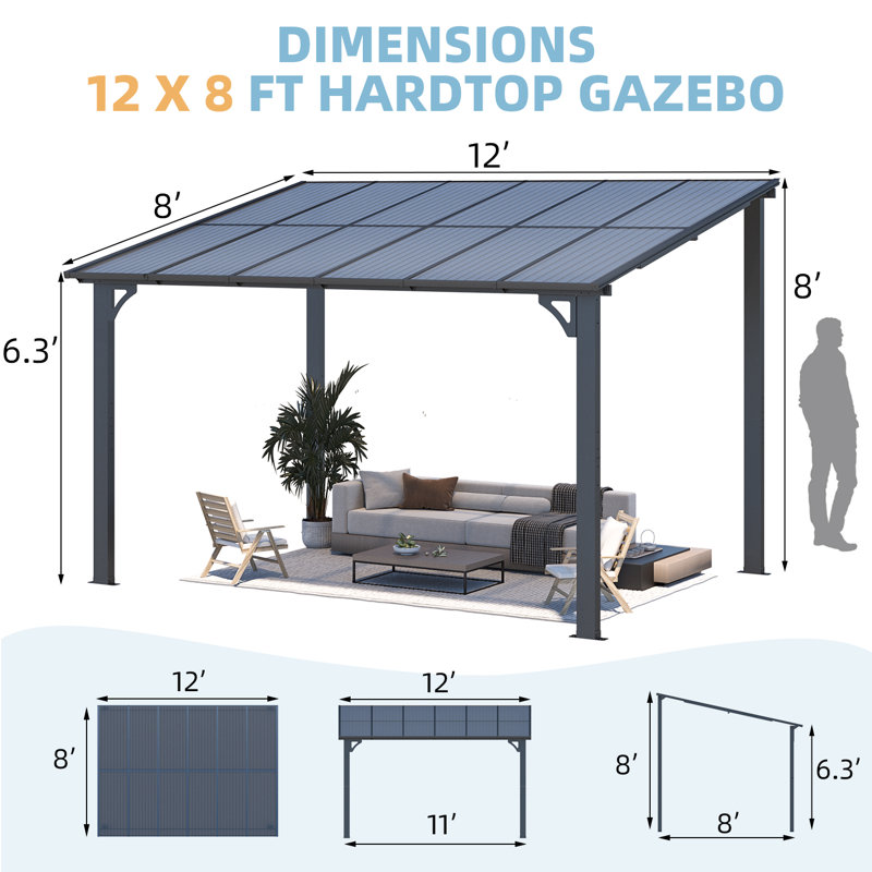 Aluminum Pergola with Canopy, Black, 12 ft x 8 ft