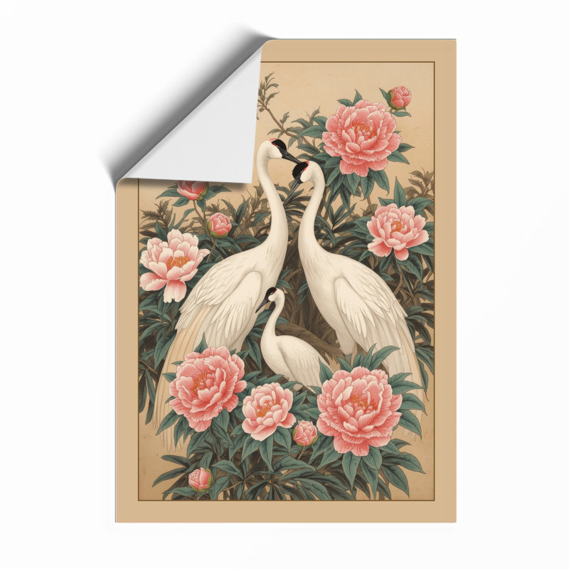 Cranes Among Peonies Japandi - Framed Print, Unframed, A4 - 29.7 x 21.0 cm