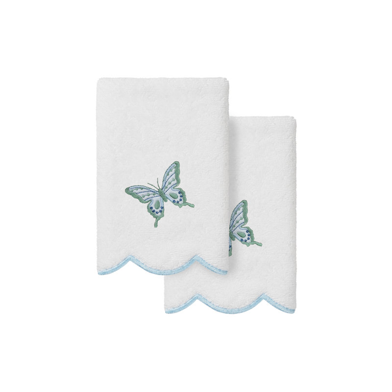 Linum Home Textiles 100% Turkish Cotton BRITNEY Scallop 2PC Embellished Fingertip Towel Set, White/Blue