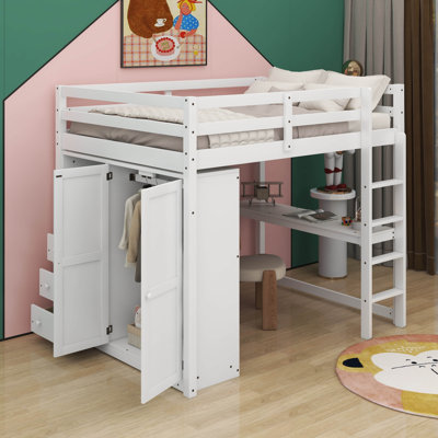 Full Loft Bed With Desk, Shelves And Drawers