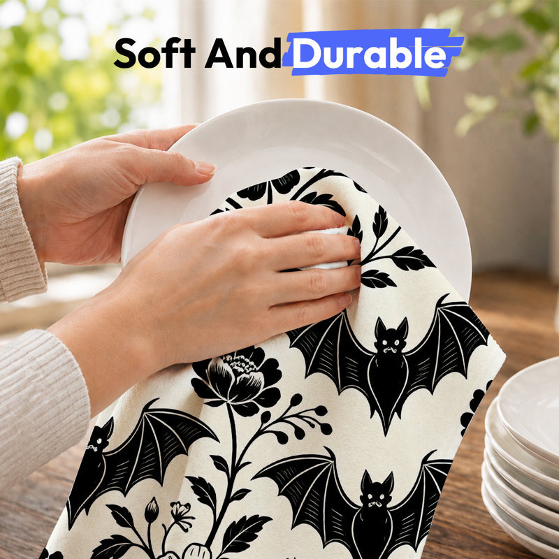  Serviette de cuisine en microfibre d'Halloween, linges à vaisselle réutilisables absorbants, décoratifs résistants à la décoloration, 16 po x 24 po, motif chauve-souris noire Poison