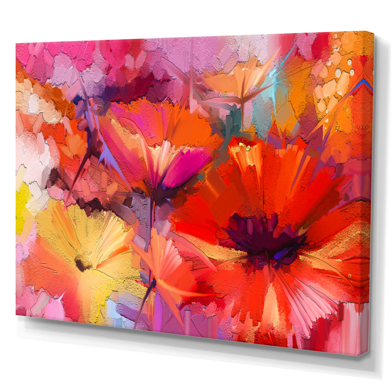 Fleurs abstraites de gerbera rouge - reproduction de cadre flottant sur toile, H 8 po x l 12 po x P 1 po, Toile tendue