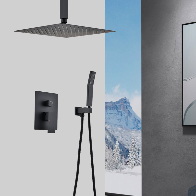 Ensemble de douche de plafond noir mat - Douchette à main et buse de 16 po pour un nettoyage efficace, soupape de mélange haute rouille - laiton
