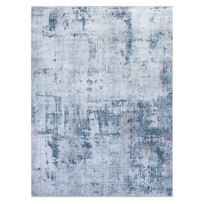 Tapis gris / bleu en chenille tissé à la machine Xadiel