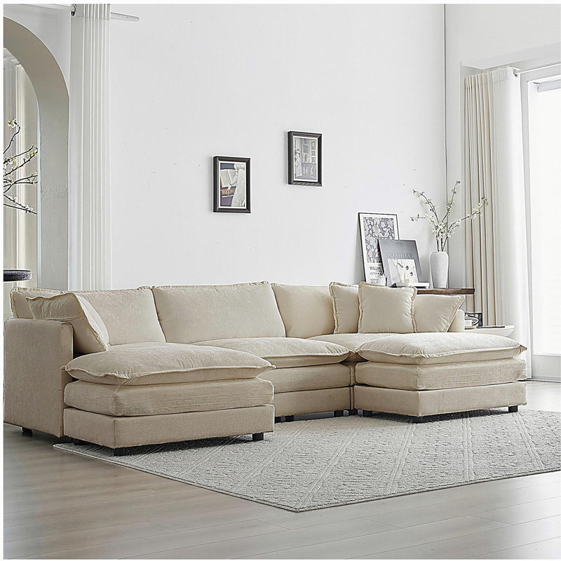 Canapé modulaire en U avec repose-pieds réversible, canapé d'angle convertible 5 places avec 2 repose-pieds, canapé moelleux et minimaliste moderne pour le salon, chenille beige