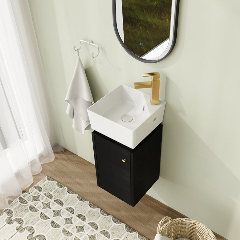Meuble-lavabo de coin 12 po à fixation murale flottante avec plateau en céramique et porte à fermeture en douceur