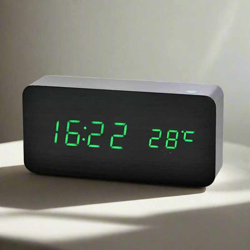 Sleek Digital Alarm Clock - Black with Green LED