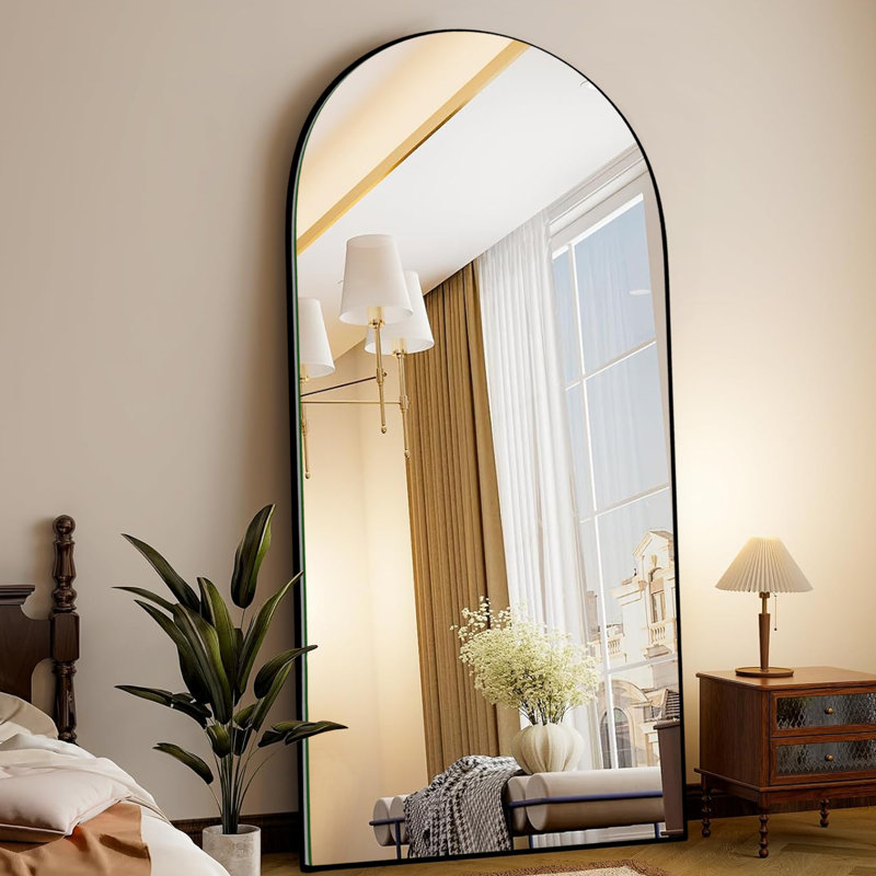 Oversized Wood Arched Full Length Mirror, Standing or Leaning Full Body Mirror, 71" x 32", Black