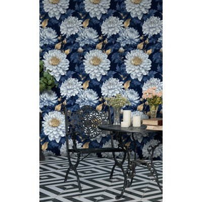 Navy Floral Peel and Stick Wallpaper | Opulent Chrysanthemum Wall Mural