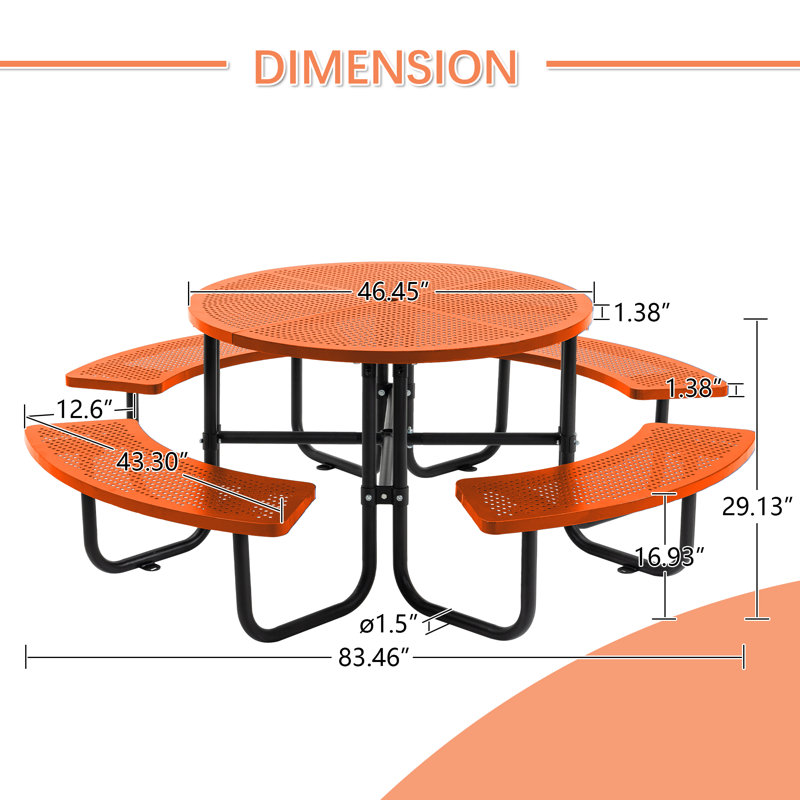 Ridenour Metal Picnic Table Dining Table with Umbrella Hole - Coated Steel Heavy Duty Commercial Grade Table, Orange