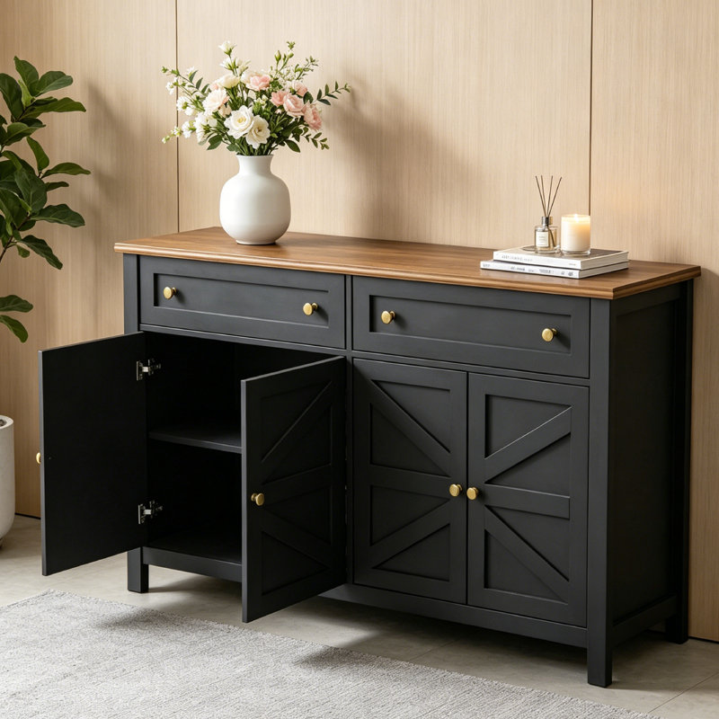 Buffet de 55 po avec 2 tiroirs et armoires, buffet de style classique avec tablettes réglables pour le salon, la cuisine et la salle à manger