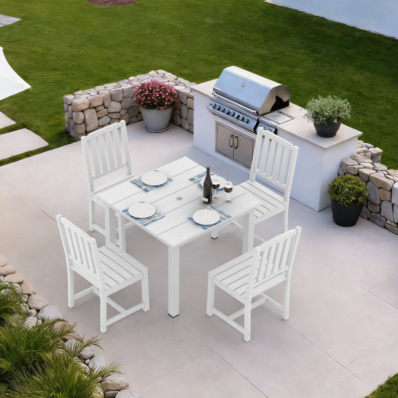 Outdoor Patio Dining Set, Including A Square Table And 4 Armless Chairs, White