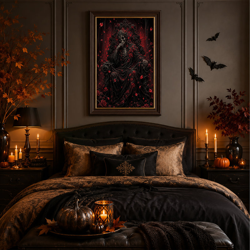 «Skeleton King» sur un trône épineux noir sur toile rouge d'Halloween, H 18 po x l 12 po