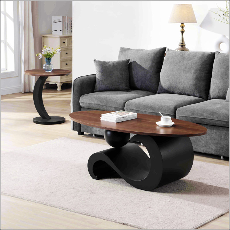 Ensemble de 2 tables basses gigognes élégantes, ovales et rondes, pour un salon moderne, durable et élégant, Noir