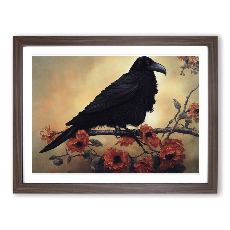 Magnetic Raven Bird - Framed Print, 25cm H x 34cm W x 2cm D, Walnut