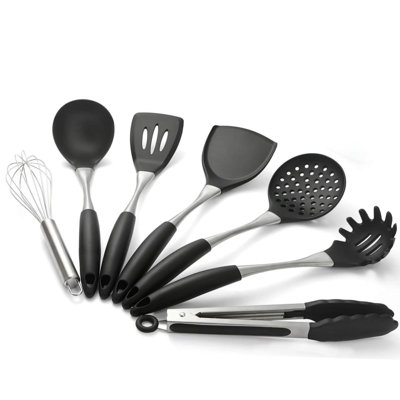 Premium Black Silicone Cooking Utensils Set,Non-Toxic, Heat Resistant Non-Stick Kitchen Utensils Set with Spatula, Spoon, Whisk, Tongs, BPA Free, Dishwasher Safe(Black)