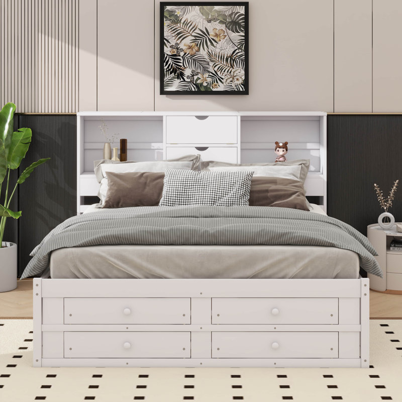 Lit plateforme avec tête de lit avec rangement et 8 tiroirs, Blanc, Très grand lit