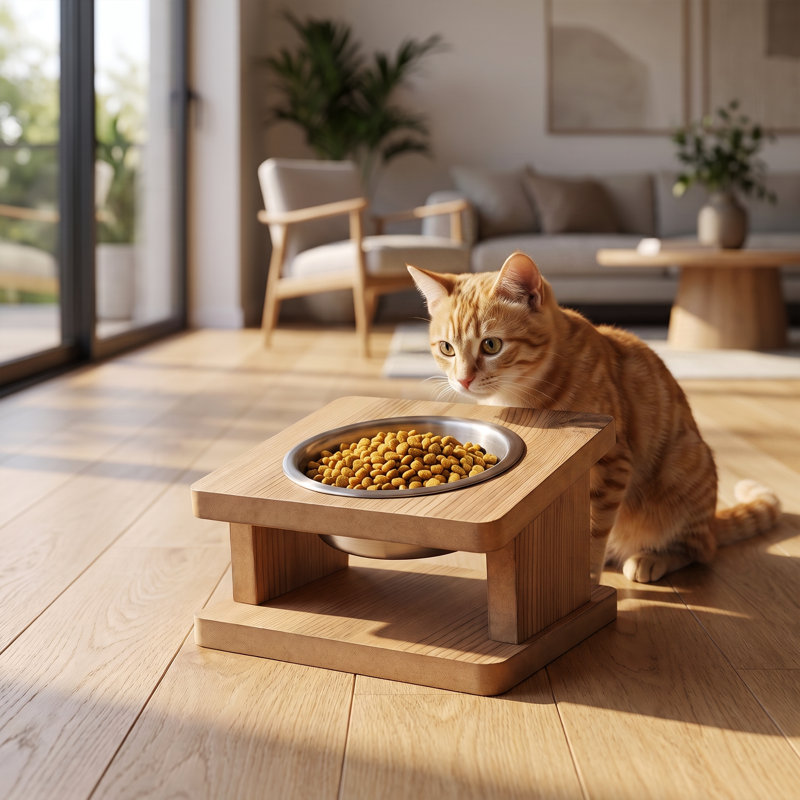 Mangeoire surélevée moderne en bois naturel pour un seul animal de compagnie avec bol en acier inoxydable (5,5 po de diamètre x 2,2 po de hauteur)