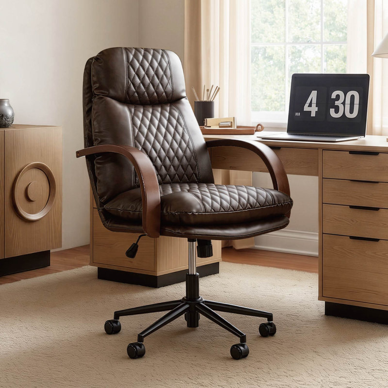 Mid-Century Diamond-Stitched 360° Swivel Office Chair, Genuine Leather Espresso