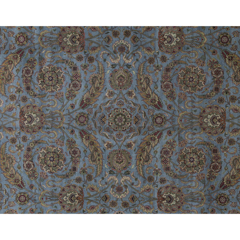 Tapis bleu clair et ivoire noué à la main de haute qualité