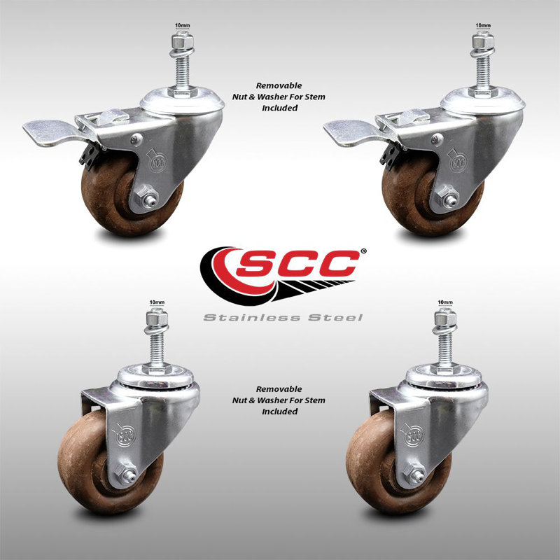 3 Inch SS High Temp Glass Filled Nylon 10mm Stem Caster Set 2 Lock Brake SCC