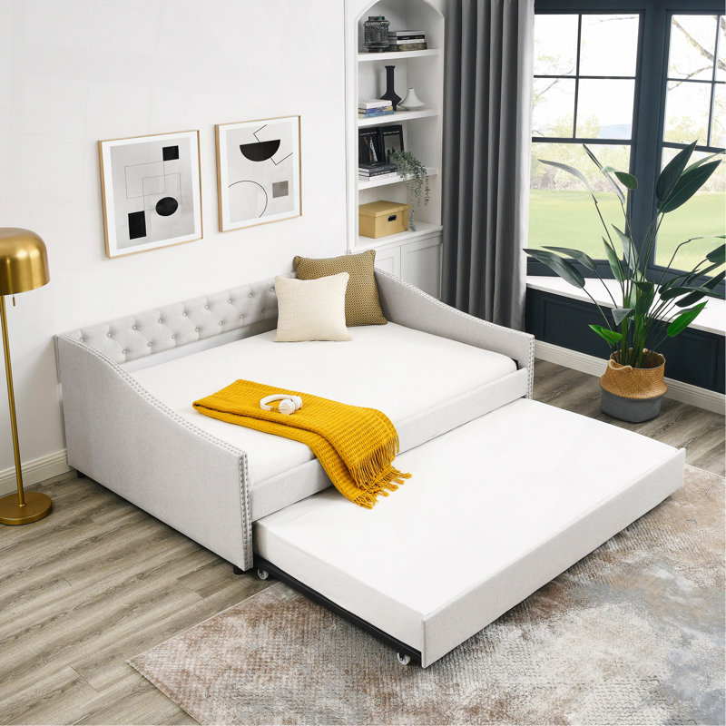 Full Size Daybed With Twin Size Trundle Upholstered Tufted Sofa Bed, With Button On Back And Copper Nail On Waved Shape Arms,Beige (80.5"X55.5"X27.5")