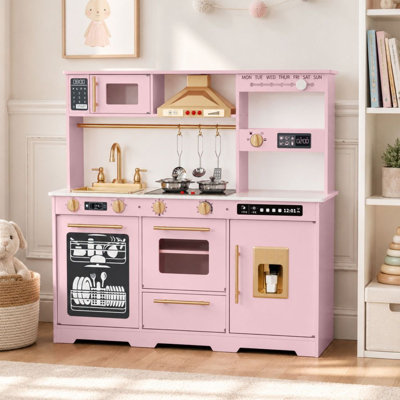 Wooden Kids Play Kitchen with Ice Maker, Coffee Maker, and Accessories
