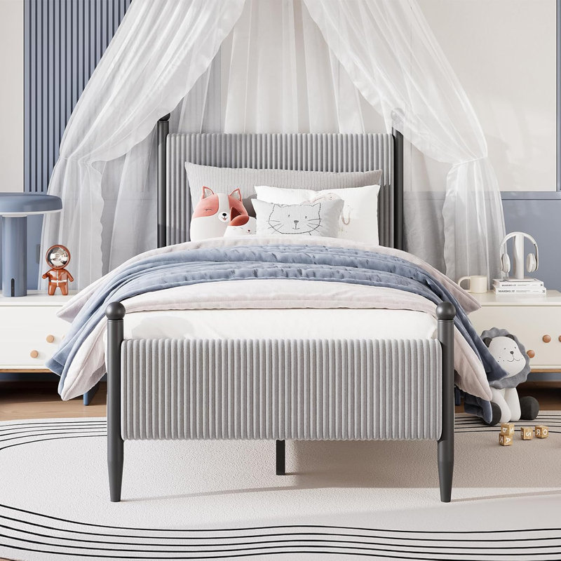 Headboard Bed Frame, Corduroy Upholstered Bed with Wooden Slats & Heavy Duty Feet, No Box Spring Required, Gray, Twin