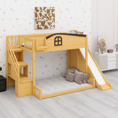 Bunk bed with integrated storage stairs, slide, built-in wardrobe, and shelves