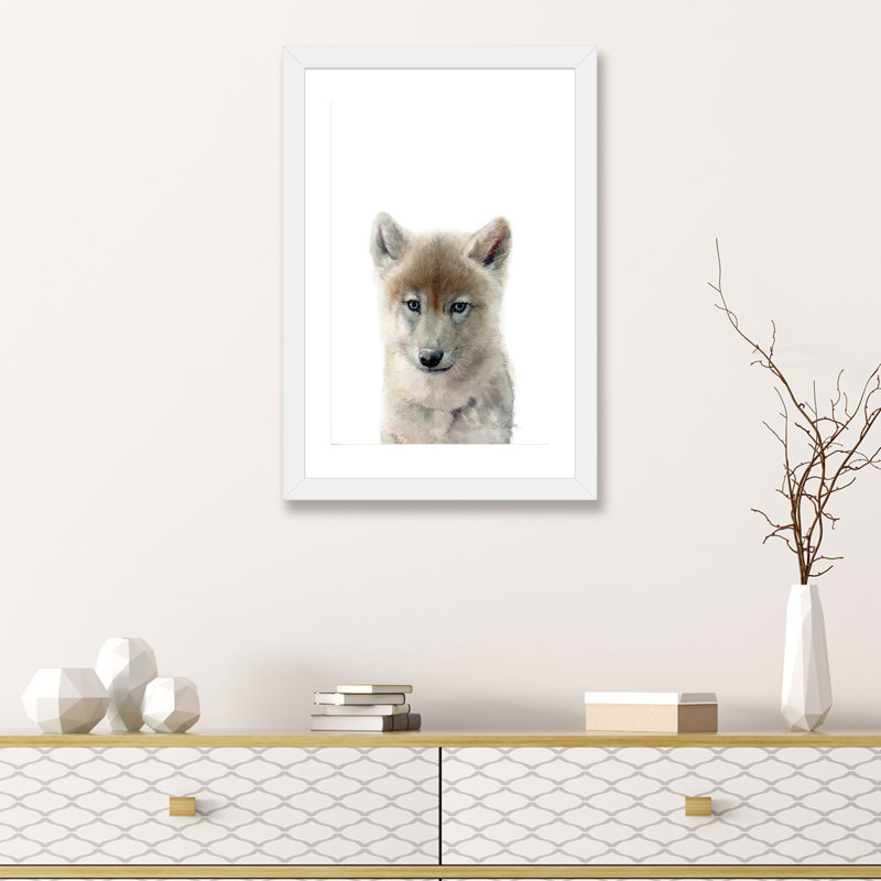 Bébé loup - reproduction d'art, H 32 po x l 24 po x P 1 po, Papier encadré blanc, Blanc