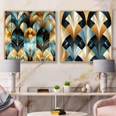 Motif de géométrie dorée et grise des années 1970 - ensemble de 2 collages carrés de formes abstraites