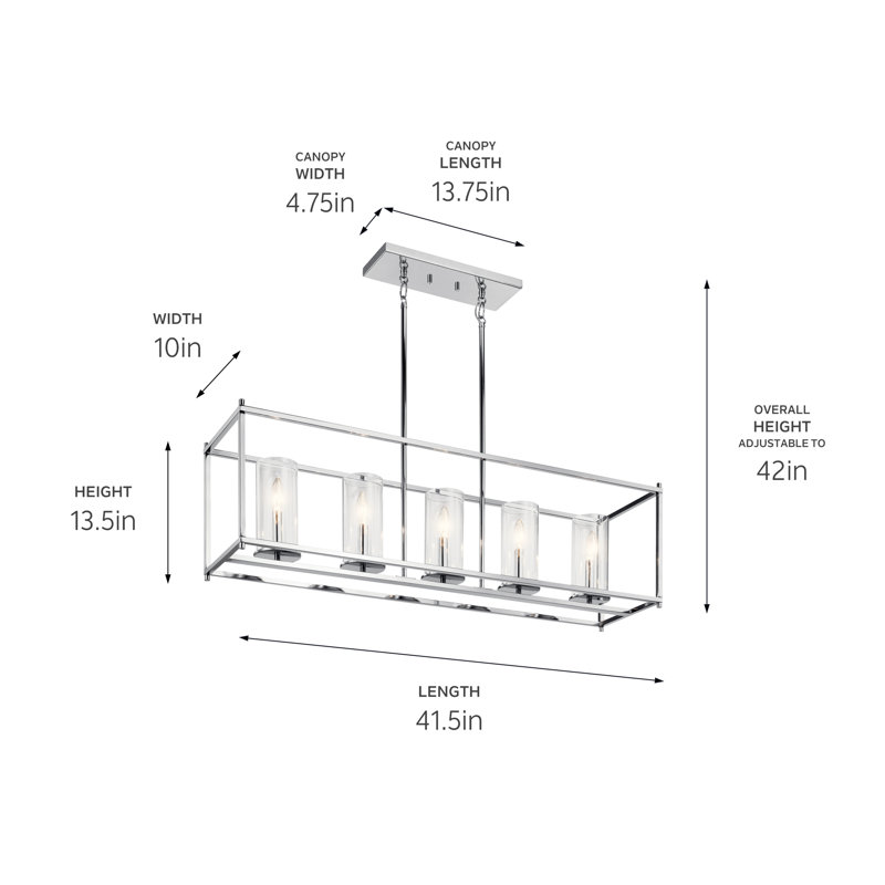 Lustre linéaire en chrome 5 lumières avec abat-jour en verre transparent, Chrome
