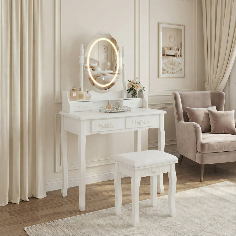 4-Drawer Vanity Desk Set With LED Mirror & Cushioned Stool, White