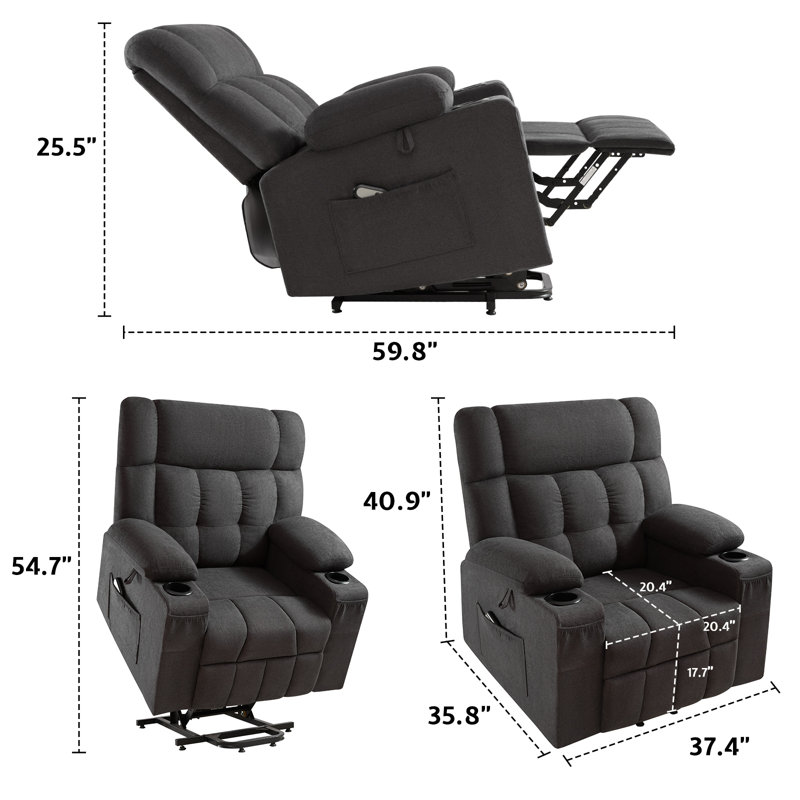 Large Power Lift Recliner Chairs with Cupholder, Remote Control, Side Pockets, Dark Gray Fabric